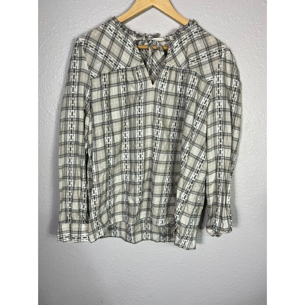 Ann Taylor Loft Plaid Blouse Top Large L Tie Neck Boho - Picture 1 of 6